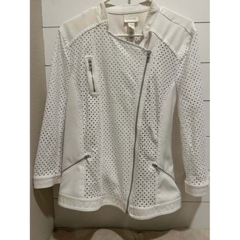 Chicos White Diamond Mesh Moto Jacket Womens Size 4 Asymmetric Zip Mixed Media